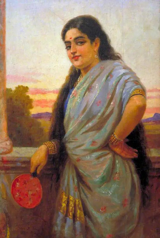 महिला जो पंखा पकड़ रही है - रवि वर्मा
