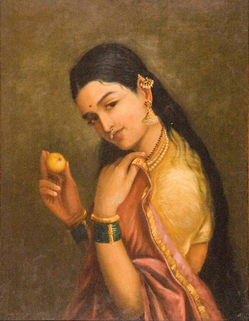 महिला जो फल पकड़ रही है - रवि वर्मा