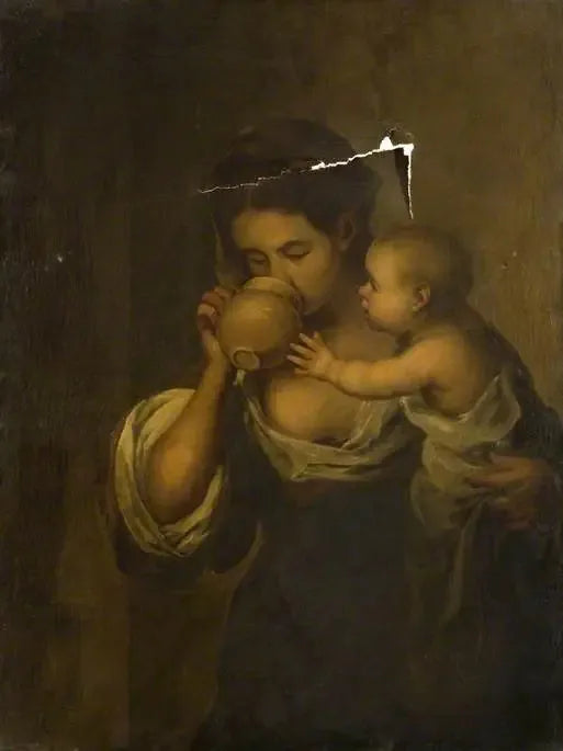 बच्चे के साथ अपने हाथ में बच्चे के साथ पीती हुई लड़की - बार्टोलोमे Esteban Murillo