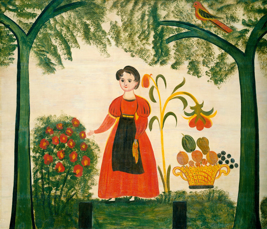 Fille en rouge avec des fleurs et un Distelfink - American 19th Century