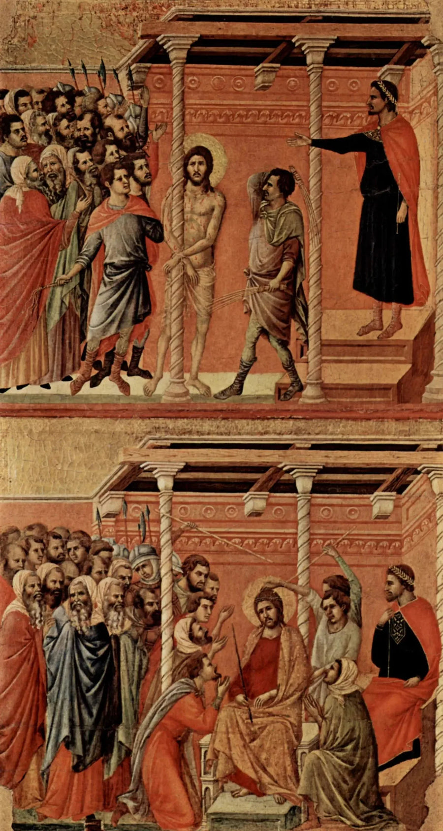Flagellation (ऊपर) ; क्राइस्ट कांटेदार ताज पहने (नीचे) - डुक्कियो दी बुओनिनसेग्ना