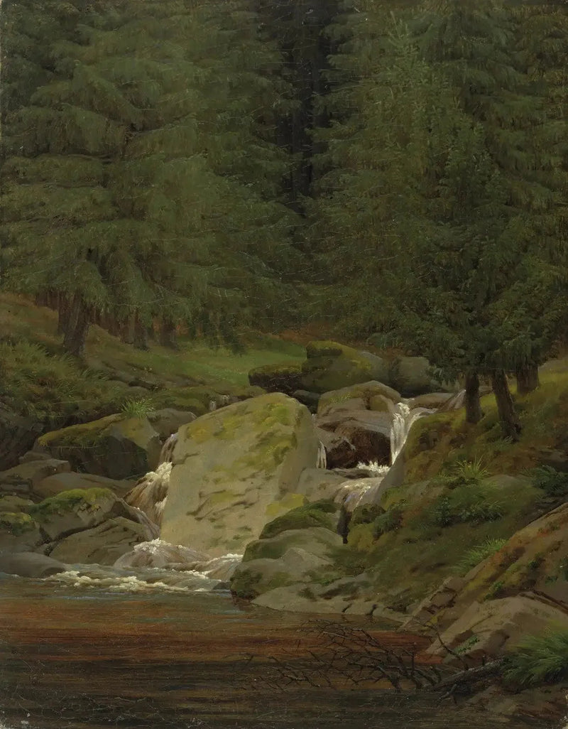 देवदार के जंगल के साथ झरना - कैस्पर डेविड फ्राइडरिख