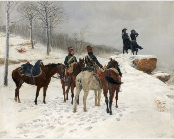 Groupe de cavalerie dans la neige : Moreau et Dessoles devant Hohenlinden - Ernest Meissonier image 1 reproduction artisanale de tableau