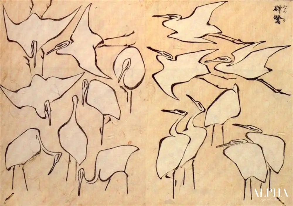 grues à partir de leçons rapides de dessin simplifié - Katsushika Hokusai - Reproductions de tableaux et peintures haut de gamme