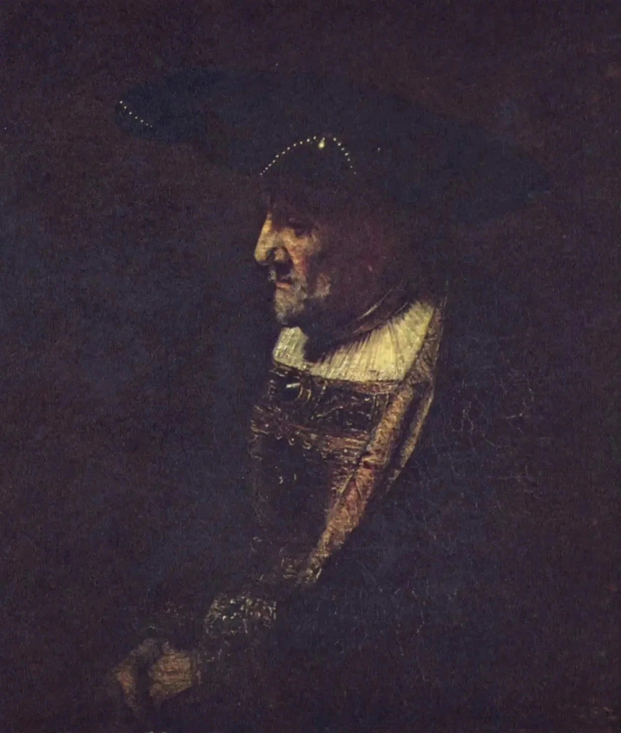 Homme au chapeau orné de perles — suiveur de Rembrandt, années 1660, Gemäldegalerie de Dresde