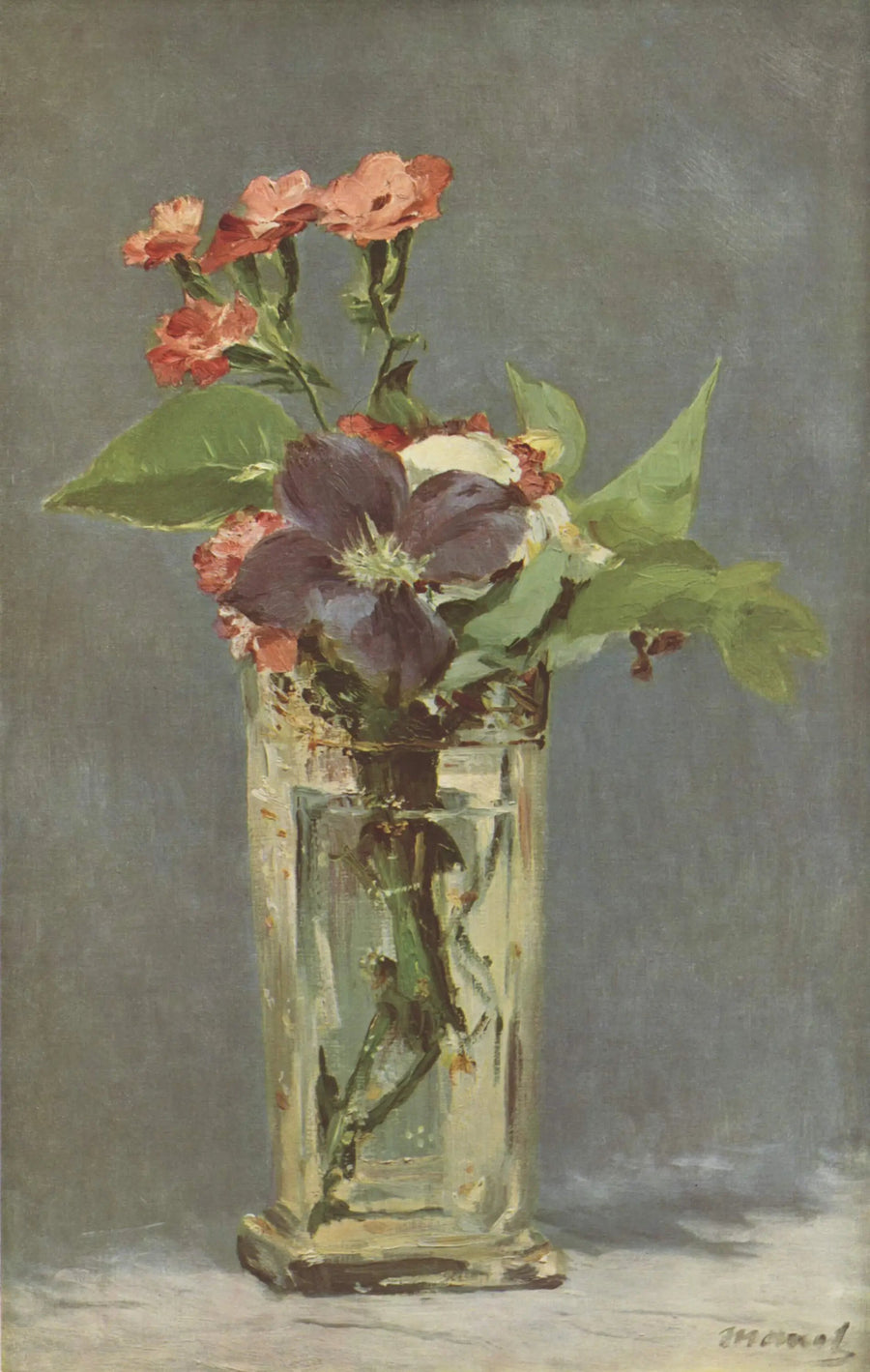 क्रिस्टल के फूलदान में कार्नेशन्स और क्लेमाटिस - Édouard Manet