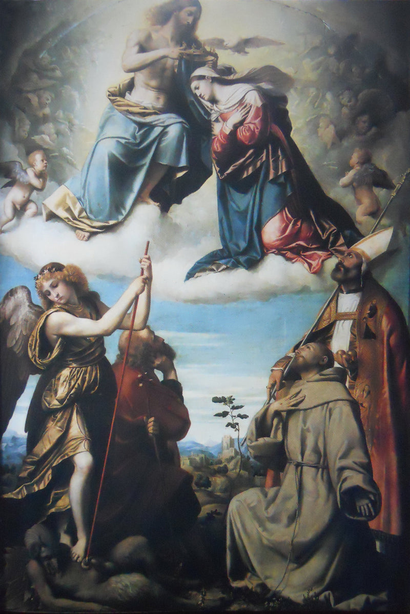 वर्जिन का अभिषेक और संतों के साथ मिकेल आर्कएंजेलो, Giuseppe, Francesco d'Assisi और Nicola di Bari - Alessandro Bonvicino