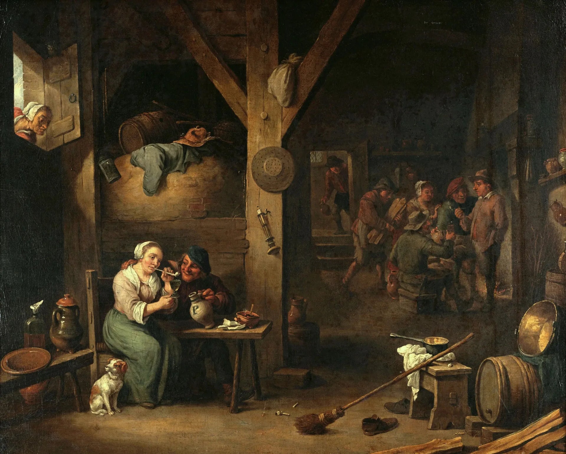 Intérieur d'une taverne avec une femme fumant et un homme lui offrant un verre sous le regard d'une vieille femme - David Teniers le Jeune image 1 copie de tableau peinte à la main