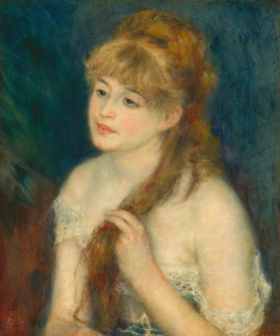 युवा महिला अपने बालों को बुन रही है - पियरे-ऑगस्टे रेनॉर