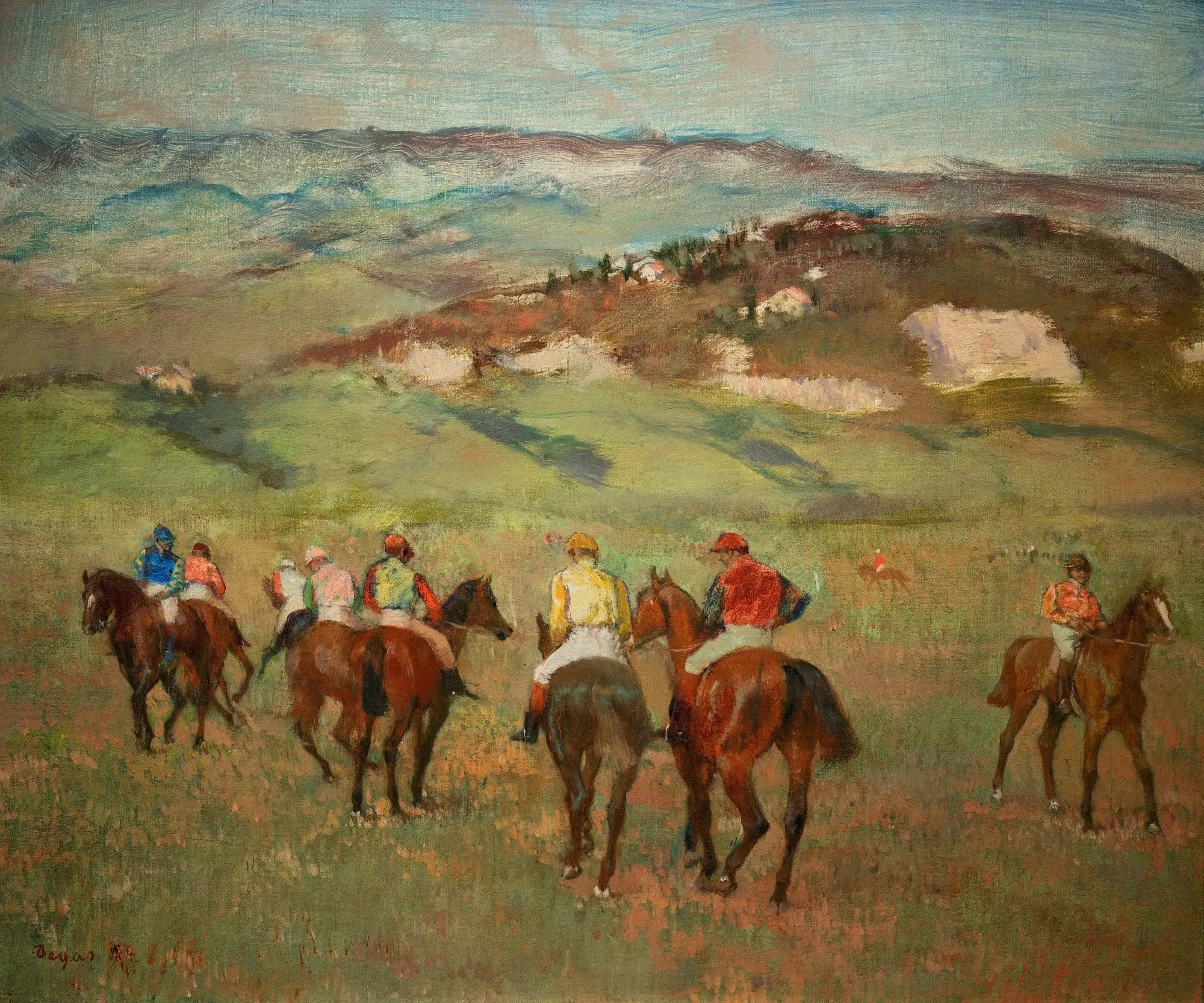 Jockeys à cheval devant les collines lointaines - Edgar Degas image 1 reproduction artisanale de tableau