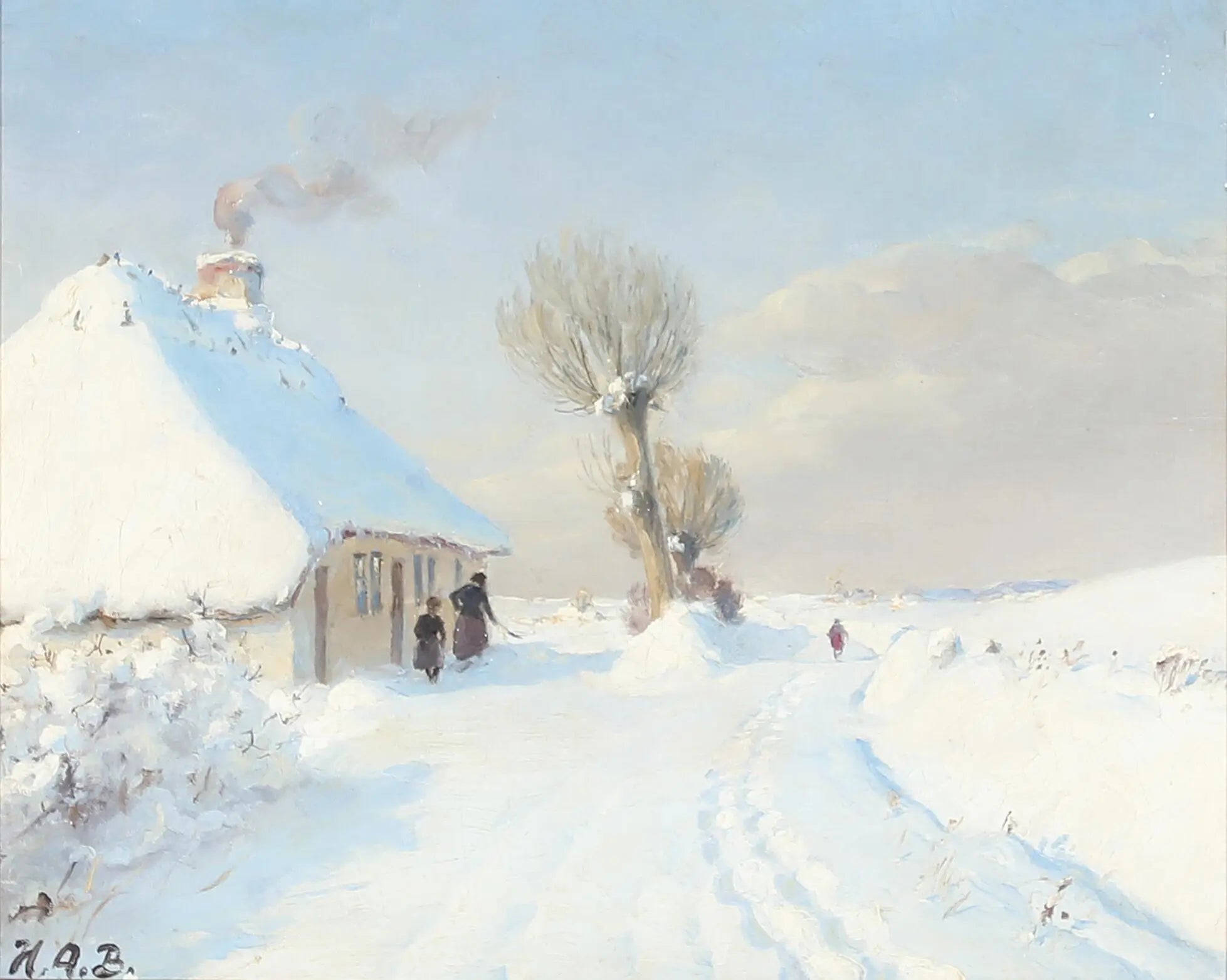 Journée d'hiver ensoleillée avec mère et enfant devant un chalet. - H. A. Brendekilde image 1 tableau peint à l’huile sur toile
