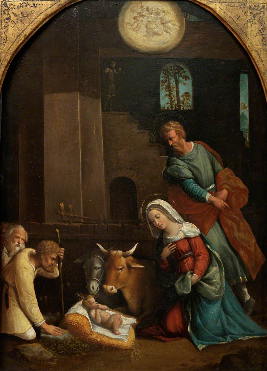 L'Adoration du Pasteur, avec l'Annonciation aux bergers d'au-delà - Benvenuto Tisi image 1 reproduction artisanale de tableau