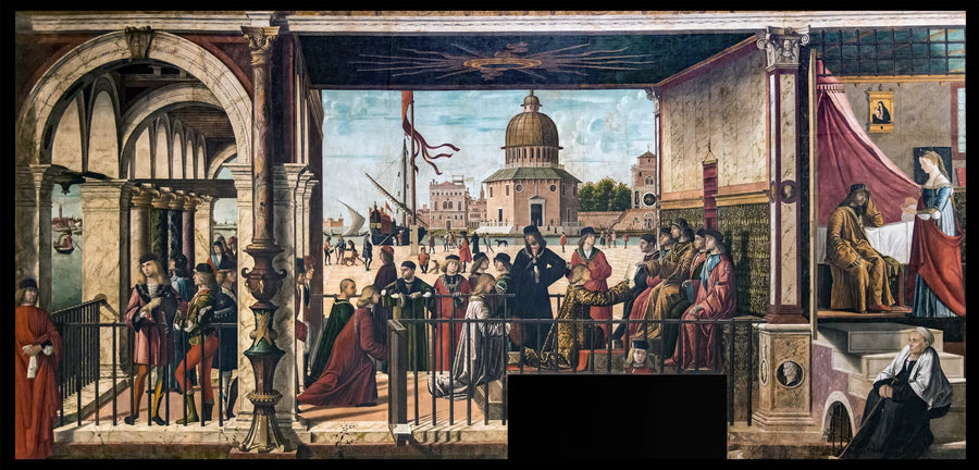 ब्रिटेन के राजा के दरबार में अंग्रेज़ राजदूतों का आगमन - Vittore Carpaccio