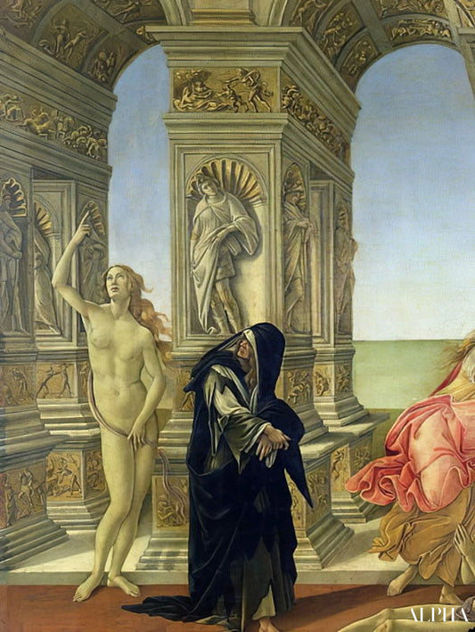 La Calomnie d'Apelles ; détail montrant la figure nue de la Vérité pointant vers le ciel et la Pénitence vêtue d'un habit dominicain en loques, 1497-98 détail de 31582 - Sandro Botticelli - Reproductions de tableaux et peintures haut de gamme