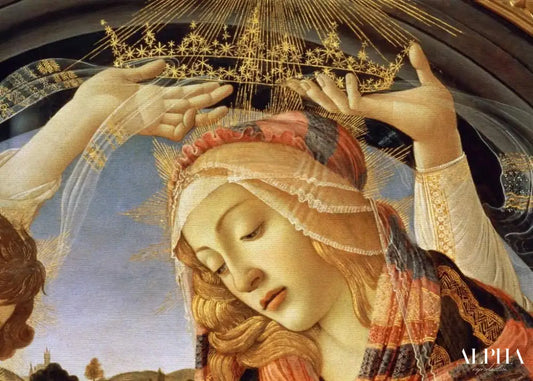 La Madone du Magnificat, détail du visage et de la couronne de la Vierge, 1482 (tempera sur panneau) - Sandro Botticelli - Reproductions de tableaux et peintures haut de gamme