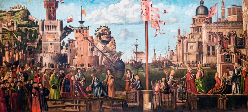 प्रेमीओं की मुलाकात और तीर्थयात्रियों का प्रस्थान - Vittore Carpaccio