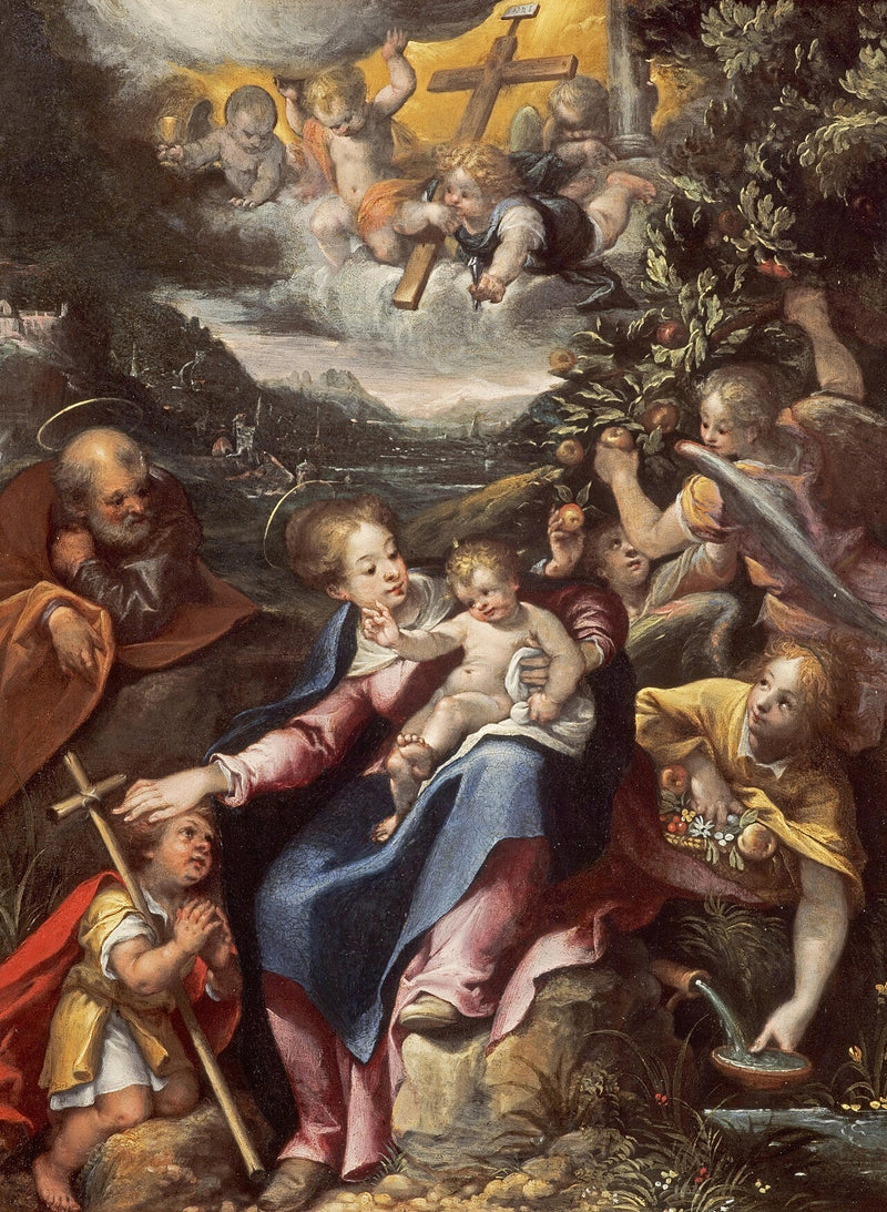पवित्र परिवार के साथ छोटे संत जॉन द बैपटिस्ट एक परिदृश्य में - डेनिस काल्वेर्