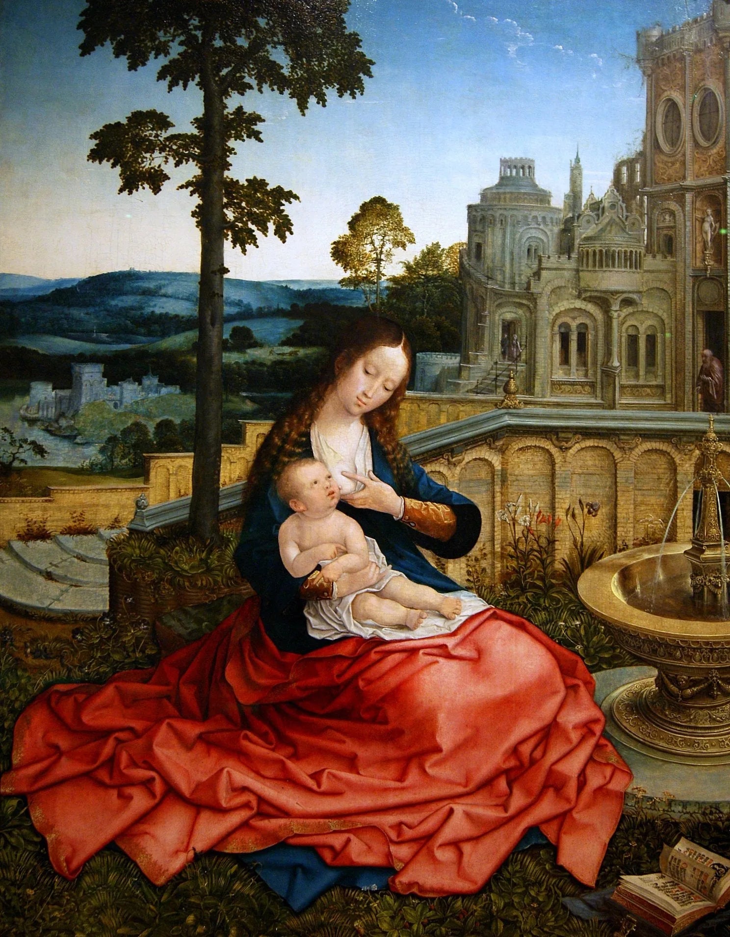 La Sainte Vierge avec l'Enfant Jésus auprès d'une fontaine - Bernard van Orley image 1 copie peinte à la main à l’huile