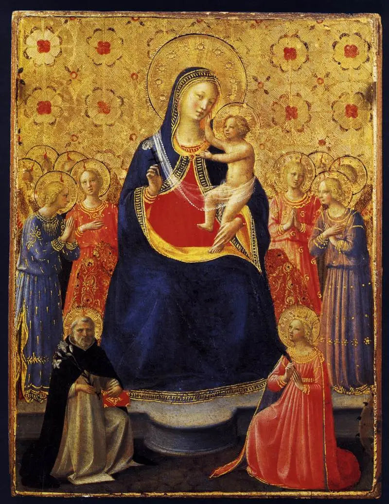 फ्रां Angelico द्वारा नौ स्वर्गदूतों और संत डोमिनिक और कैथरीन ऑफ़ अलेक्ज़ांद्रिया के साथ सिंहासन पर बच्चे के साथ वर्जिन