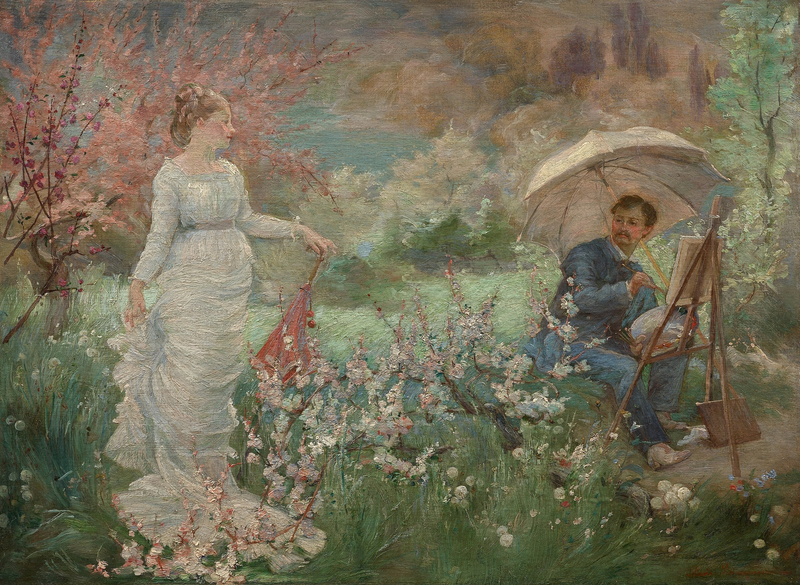 Le peintre et son modèle dans un jardin fleuri - Marie Bracquemond image 1 reproduction d’œuvre d’art à l’huile