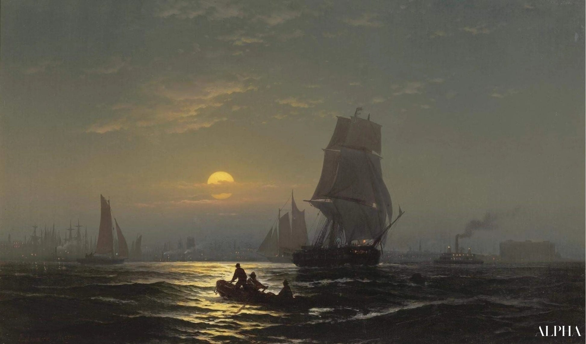 Le port de New York au clair de lune - Edward Moran - Reproductions de tableaux et peintures haut de gamme