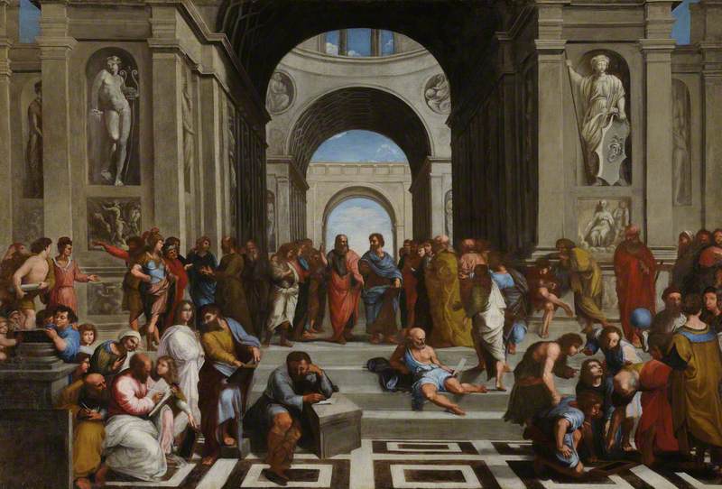 Reproduction du tableau « L'école d'Athènes - Raphaël Sanzio » par Alpha Reproduction en peinture à l’huile
