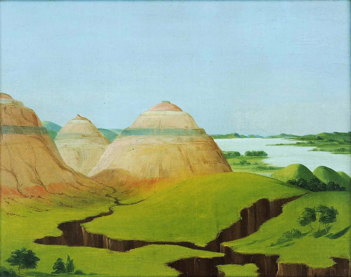 Les Trois Dômes, Clay Bluffs à 15 miles au-dessus du village de Mandan - George Catlin image 1 copie peinte à la main à l’huile