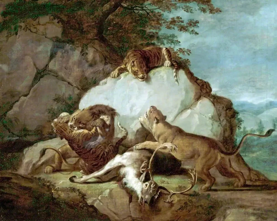 सिंह और बाघ हिरण के लिए लड़ रहे हैं - जॉर्ज स्टब्स