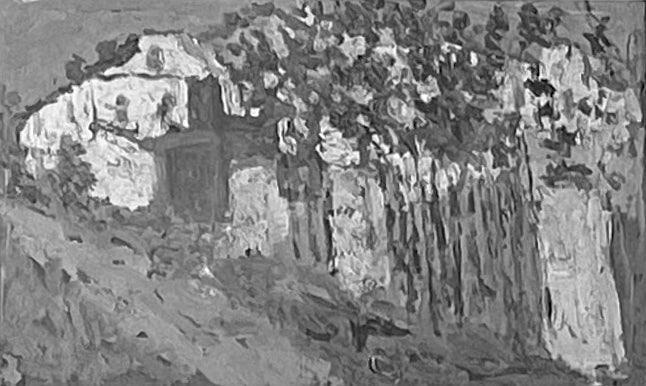 घर और बाग़ान (सामना) / एक परिदृश्य का प्रारूप जिसमें गिरजाघर है (पीछे) - कज़िमिर मेलिविच