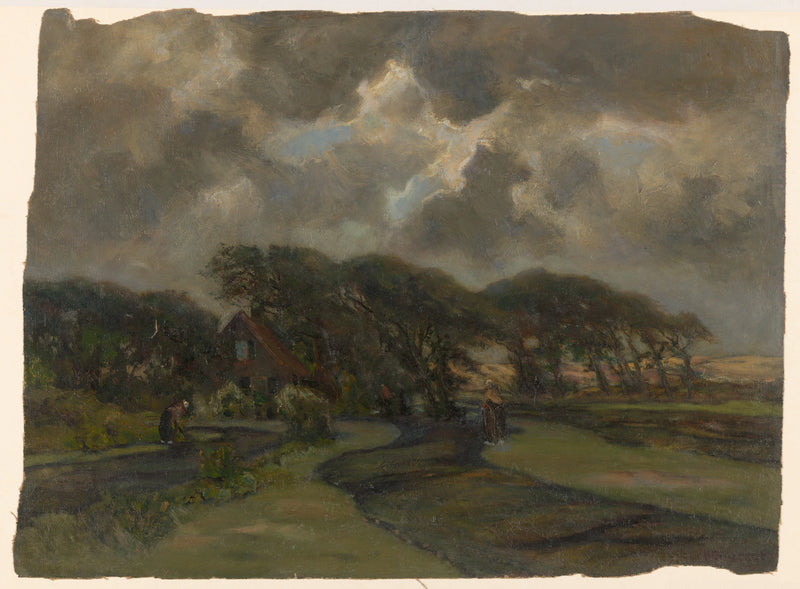 Maison près de la lisière des arbres et femmes avec des filets de pêche - Frans Smissaert