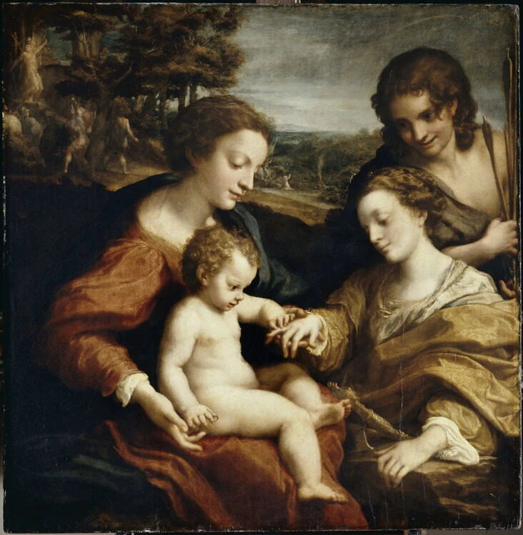 Le Mariage mystique de sainte Catherine d'Alexandrie en présence de saint Sébastien ; dans le paysage, martyres de deux saints - Il Correggio Corrège