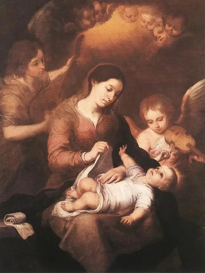 मैरी और बच्चे के साथ स्वर्गदूतों के साथ संगीत बजाते हुए - बारटोलोमे़ Esteban Murillo