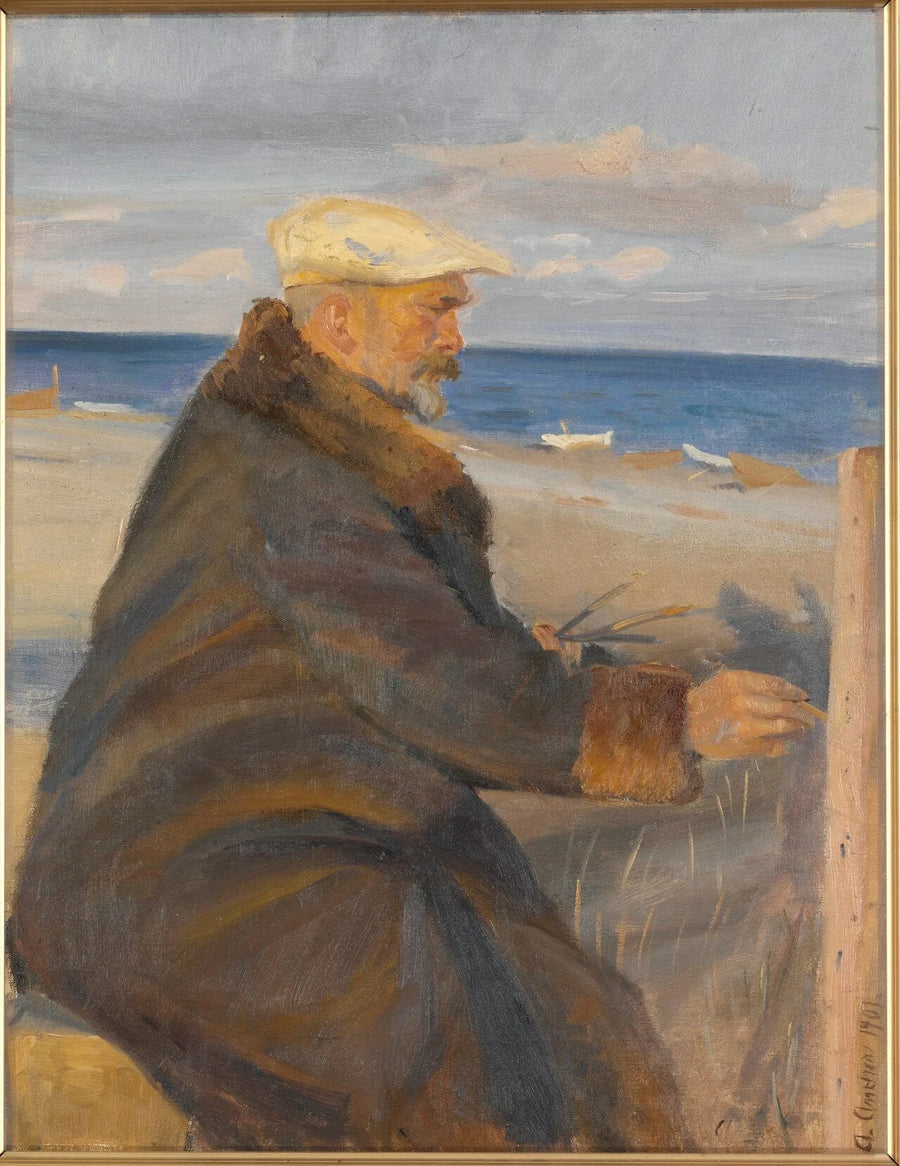 समुद्र तट पर माइकल एंकर द्वारा चित्रकारी (Michael Ancher drawing on the beach) - अन्ना एंकर