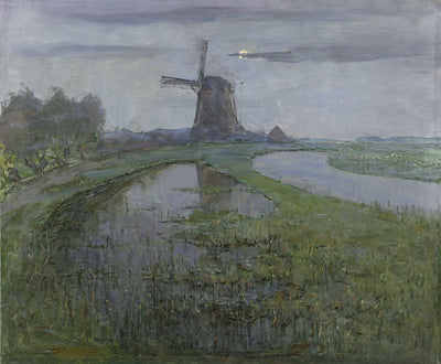 Reproduction du tableau « Moulin d'Oostzijdse le long de la rivière Gein au clair de lune - Piet Mondrian » par Alpha Reproduction en peinture à l’huile