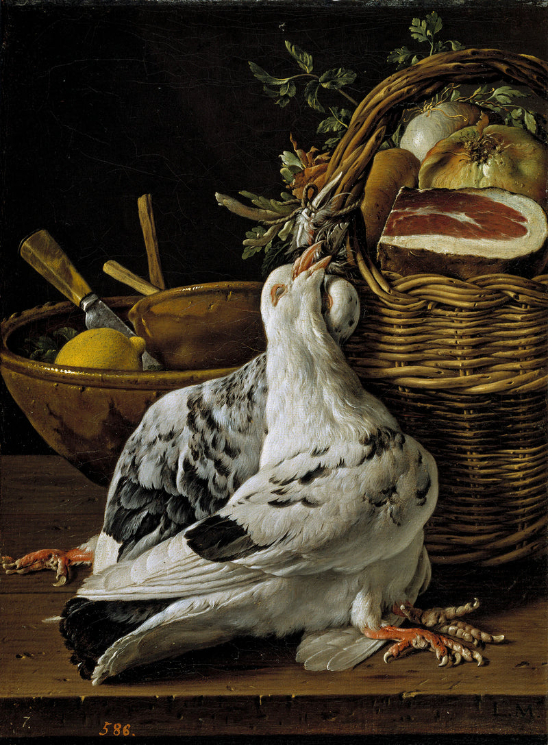 Nature morte aux pigeons, panier de nourriture et bols - Luis Eugenio Meléndez
