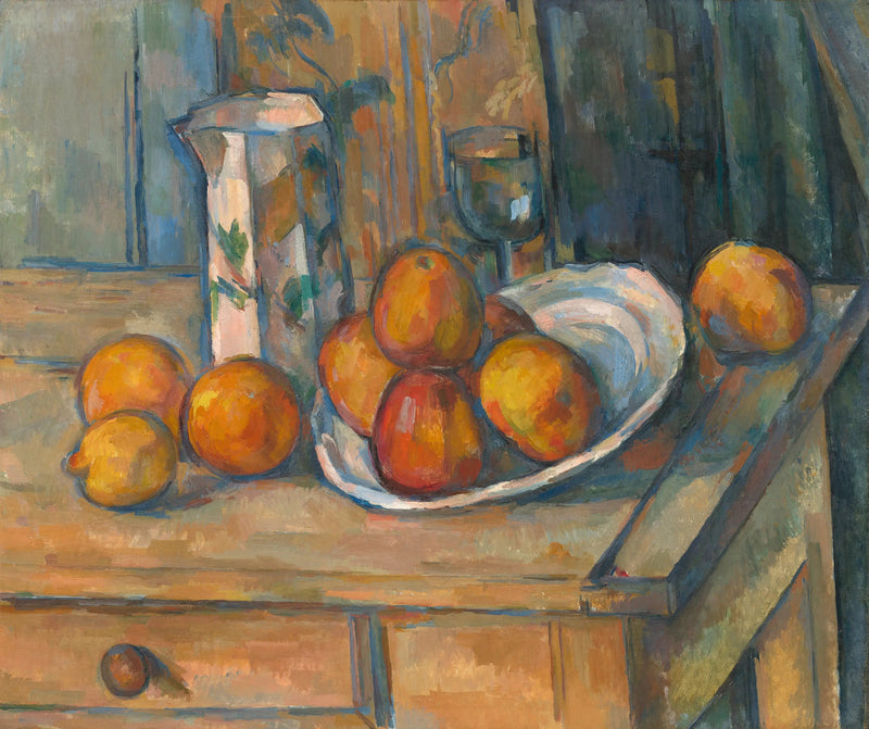 दूध की घड़ी और फलों के साथ मृत प्रकृति - पॉल सेज़ान