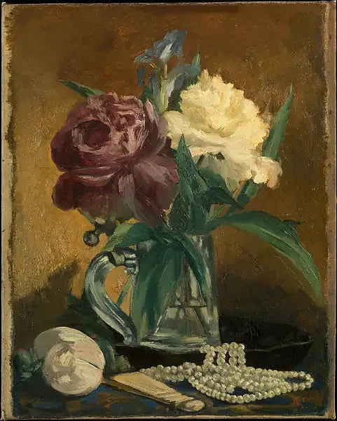 फूलों, पंखे और मोतियों के साथ मृत प्रकृति - Édouard Manet
