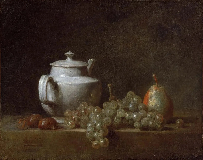एक Stillleben mit einer Teekanne, Trauben, Kastanien und einer Birne - Jean Simeón Chardin