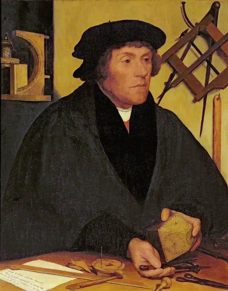 निकोलस क्रैट्ज़र (1487–लगभग 1550), कॉर्पस क्रिस्टी कॉलेज, ऑक्सफ़ोर्ड के साथी और हेनरी VIII के बाद रॉयल एस्ट्रोनॉमर - हंस होलबीन ले ज्यूने