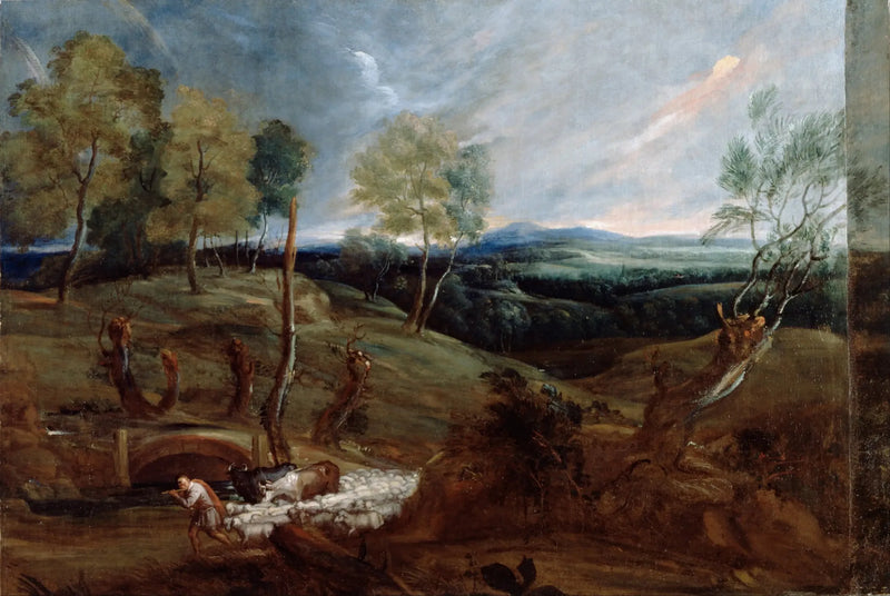 सूर्यास्त के साथ परिदृश्य जिसमें एक चरवाहा और उसका झुंड है - Antoine van Dyck