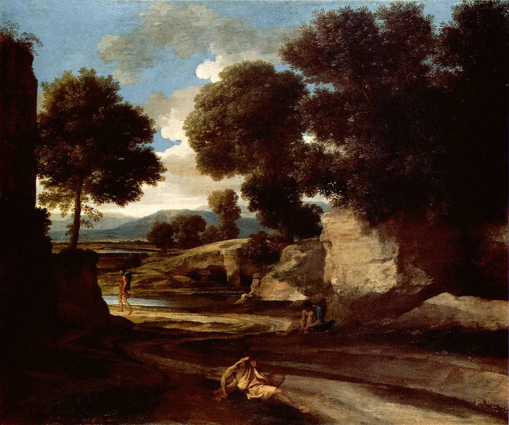 Paysage avec des voyageurs au repos - Nicolas Poussin image 1 copie peinte à la main à l’huile