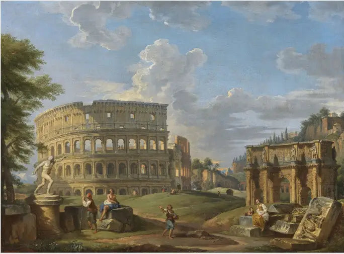 Paysage avec le Colisée et l'Arc de Constantin, Rome - Giovanni Paolo Panini image 1 copie de tableau peinte à la main