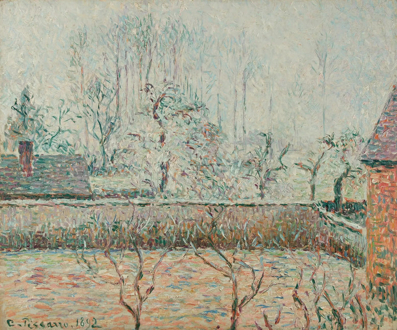 घरों और दीवार के साथ परिदृश्य, धुंध और जमी हुई ओस, Éragny - Camille Pissarro