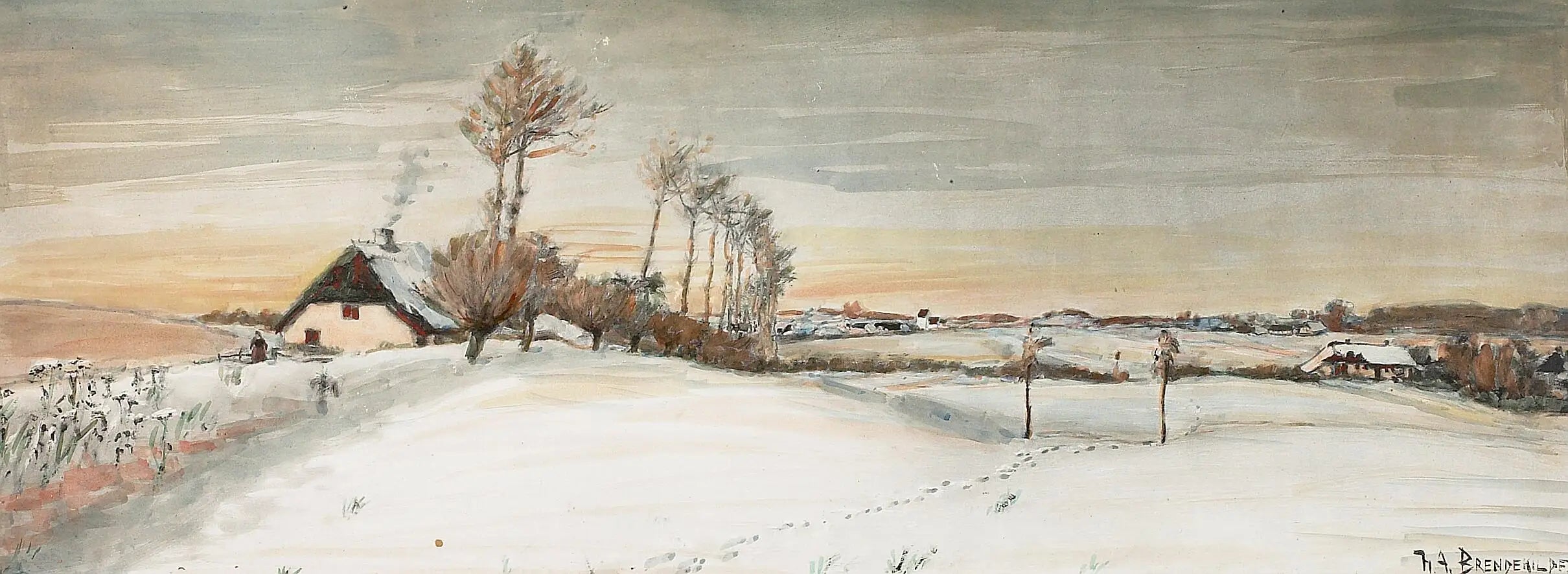 Paysage d'hiver dans un petit village. - H. A. Brendekilde image 1 copie de tableau peinte à la main