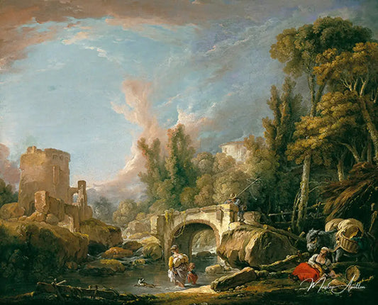 River Landscape with Ruin and Bridge - François Boucher - Reproductions de tableaux et peintures haut de gamme