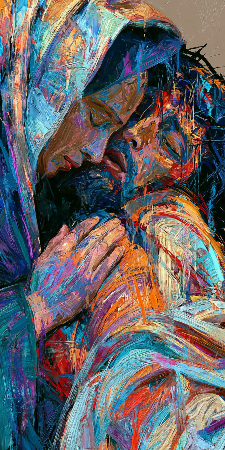 Marie penchée autour du Christ dans une Pietà verticale aux mains superposées et aux touches bleues orange et turquoise