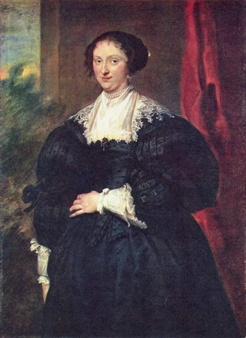 एक महिला का पोर्ट्रेट काले रंग में लाल पर्दे के सामने - Antoine van Dyck