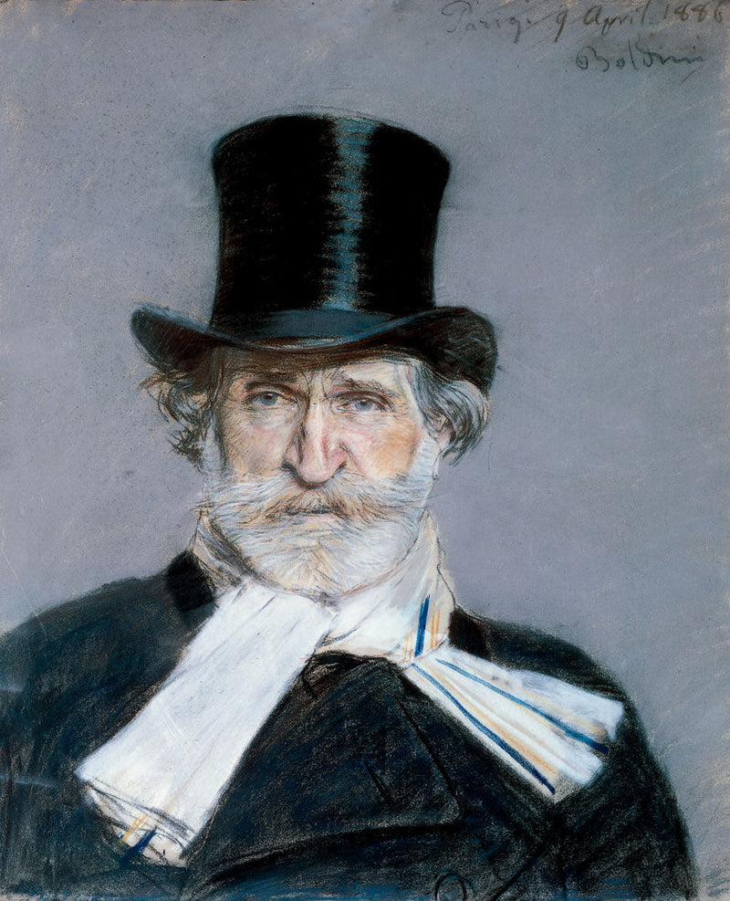 जियोवानी बोल्डिनी का सफेद रिबन और टॉप हैट पहने Giuseppe Verdi का पोर्ट्रेट