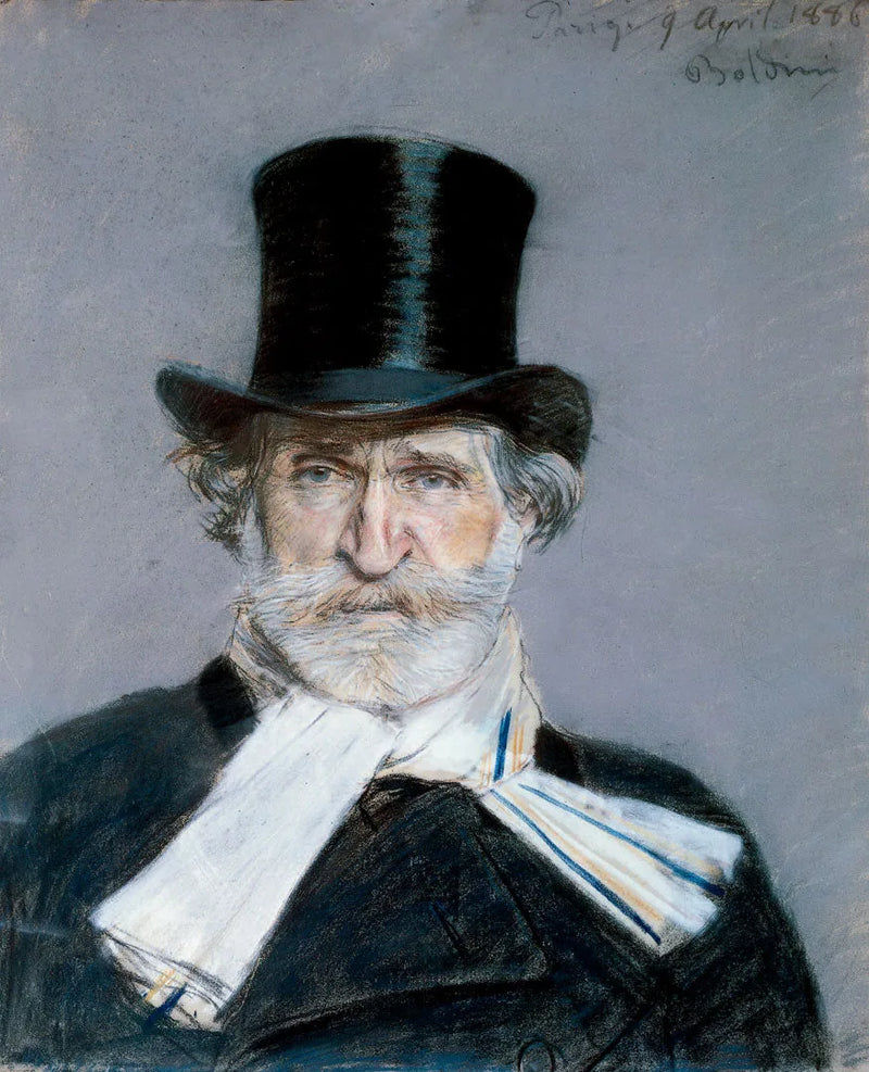 जियोवानी बोल्डिनी का सफेद रिबन और टॉप हैट पहने Giuseppe Verdi का पोर्ट्रेट