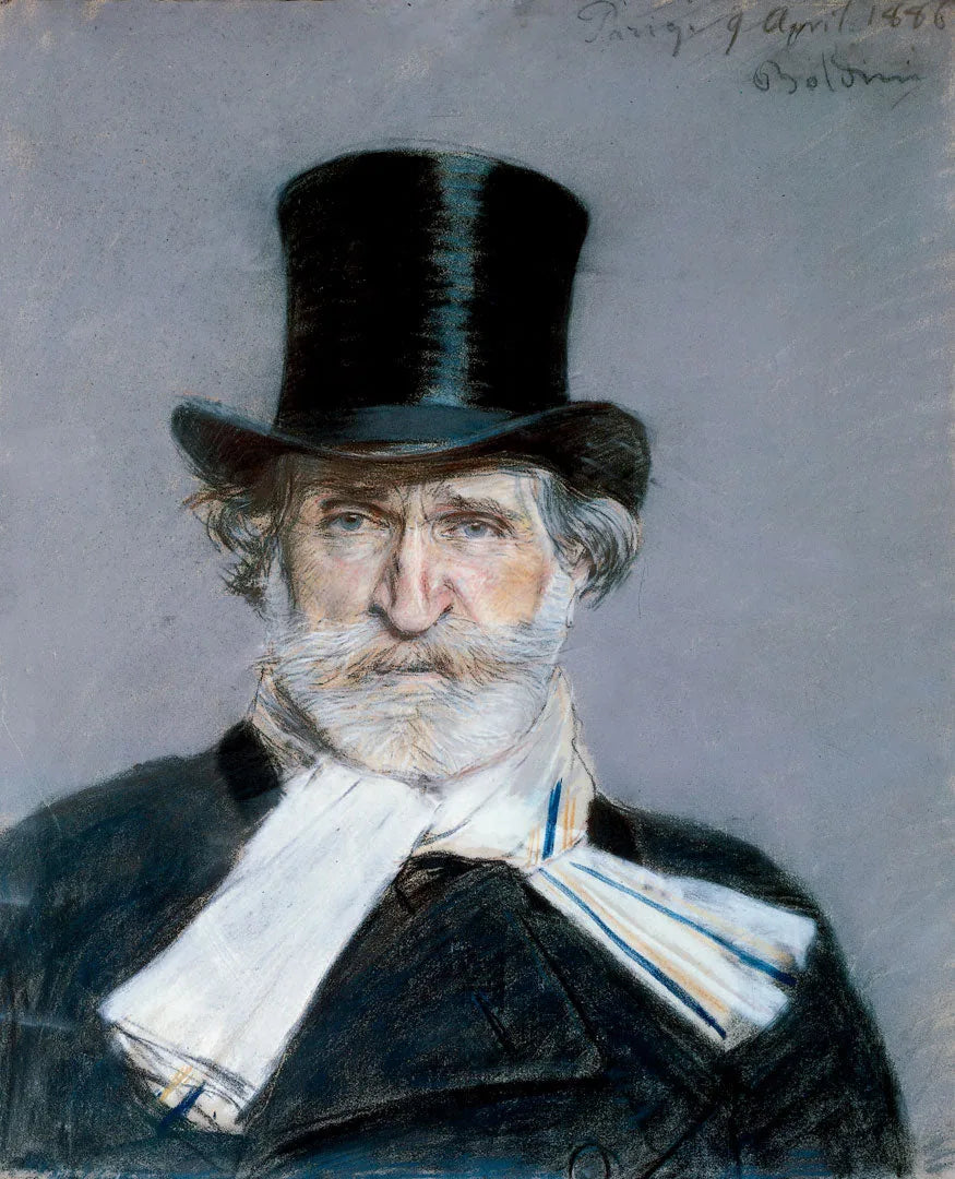 जियोवानी बोल्डिनी का सफेद रिबन और टॉप हैट पहने Giuseppe Verdi का पोर्ट्रेट